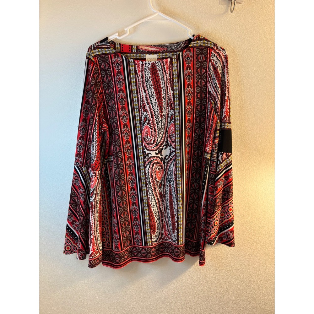 Chicos Red Black Paisley Border Print Bell Sleeve Top Size 1 Medium